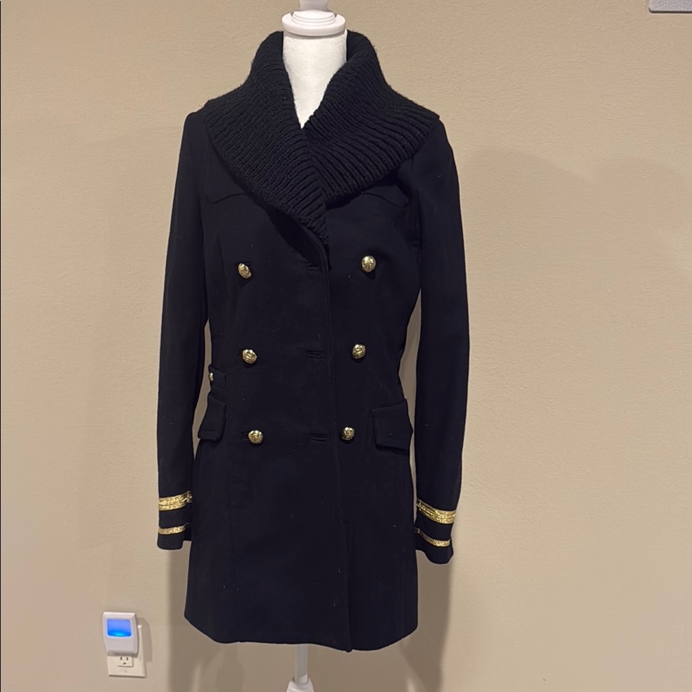 ZARA Size XS Elegant Navy Blue Double-Breasted Coat with Gold Accents